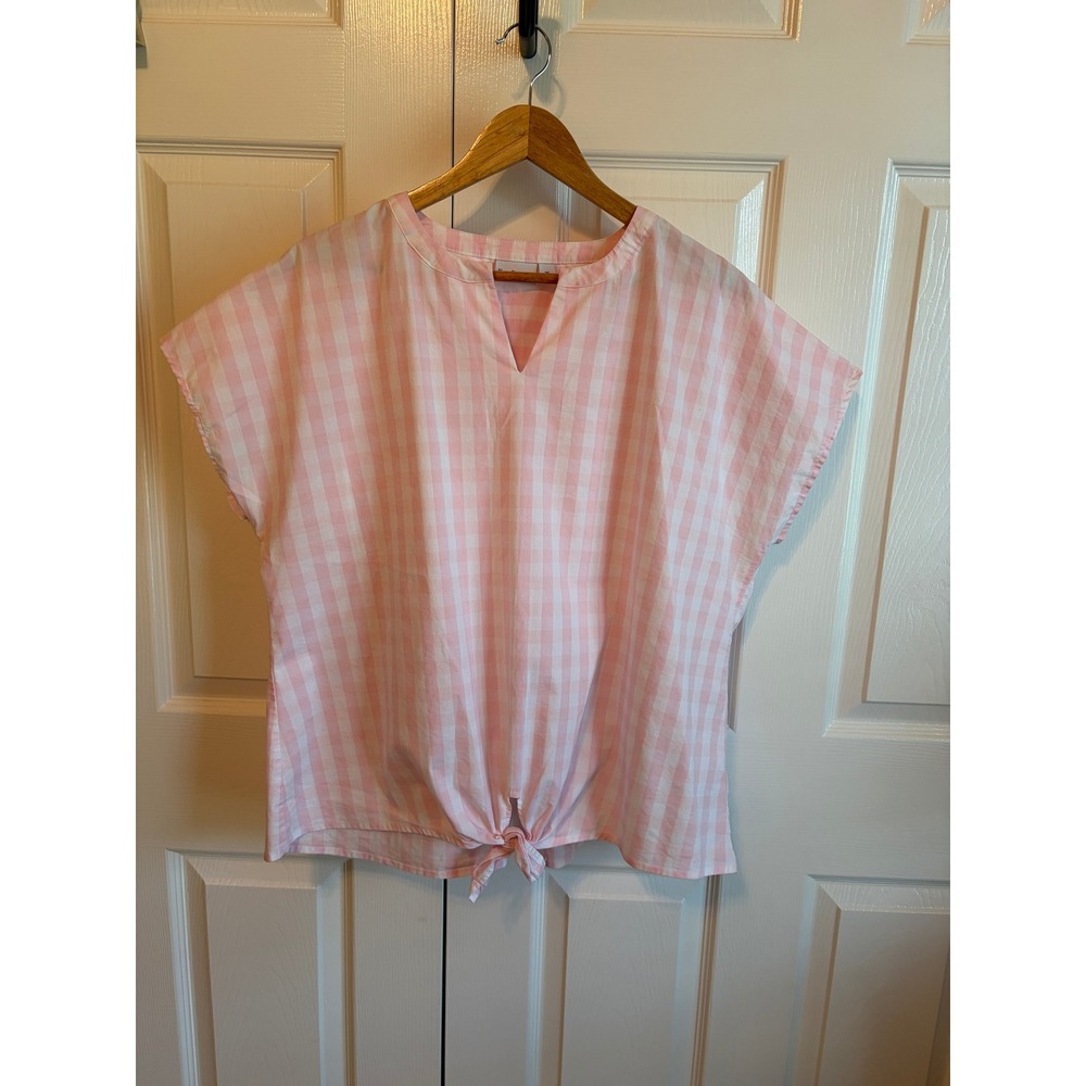 Kim Rogers Pink Gingham Short Sleeve Front Tie Blouse XL